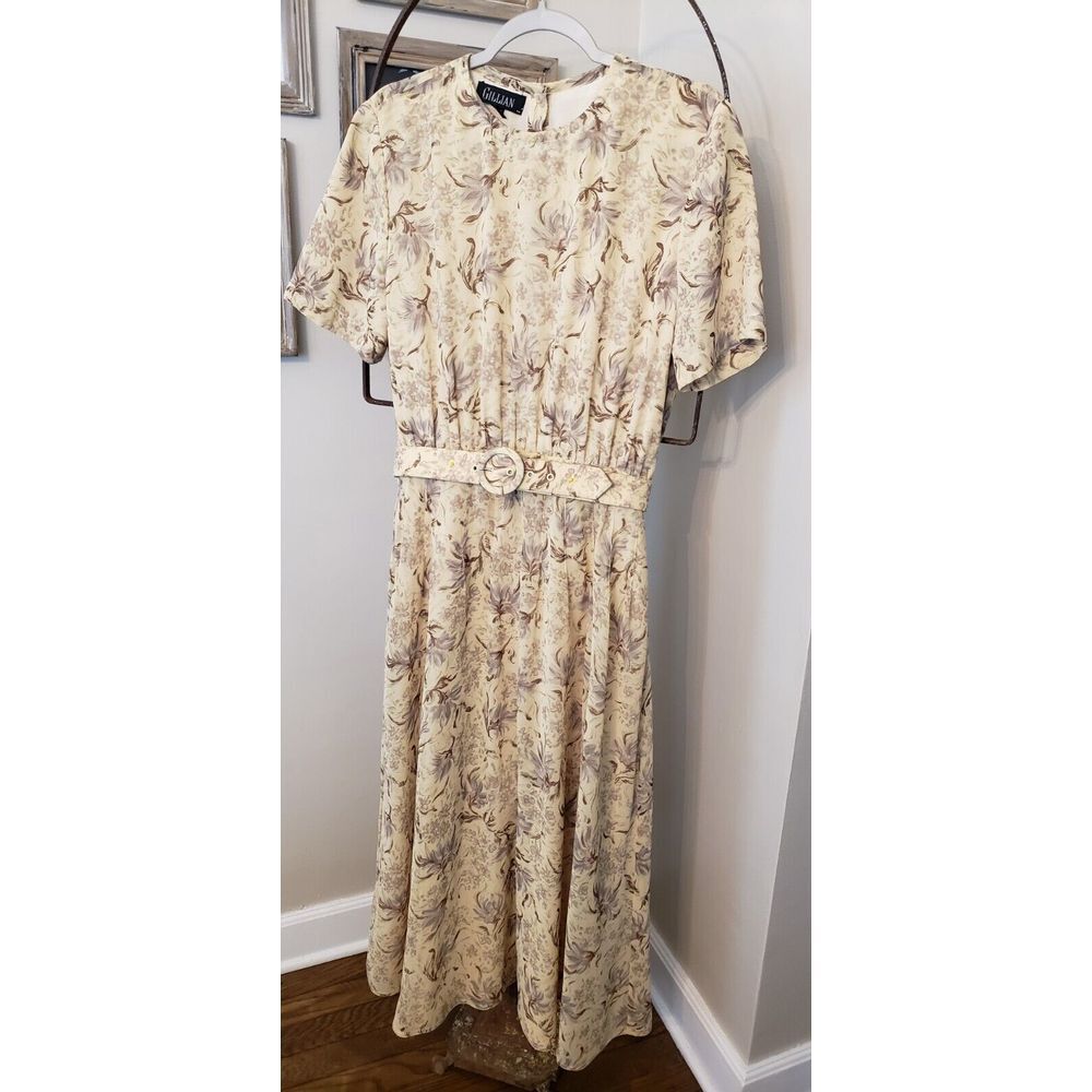 Vtg Gillian Secretary Dress‎ belted Cottage floral Dress butter yellow